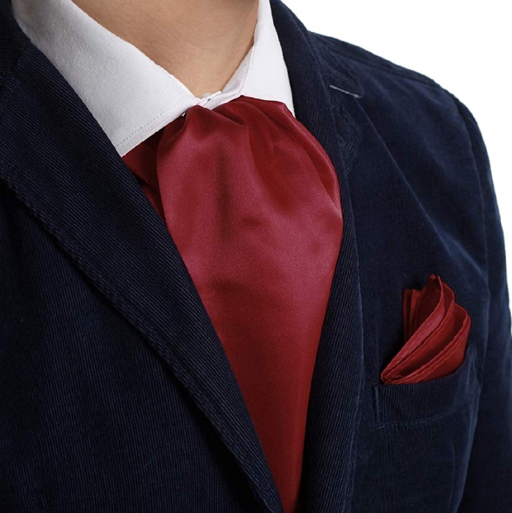 Mens Solid Color Ascot & Pocket Square Set Red